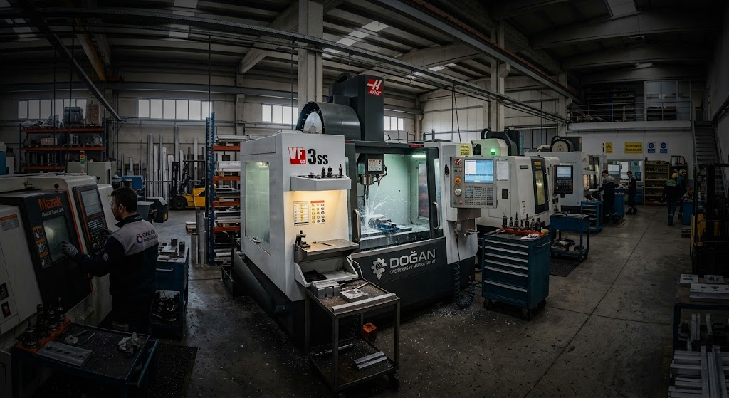 Doğan CNC Pendik workshop — machining centre and field crew
